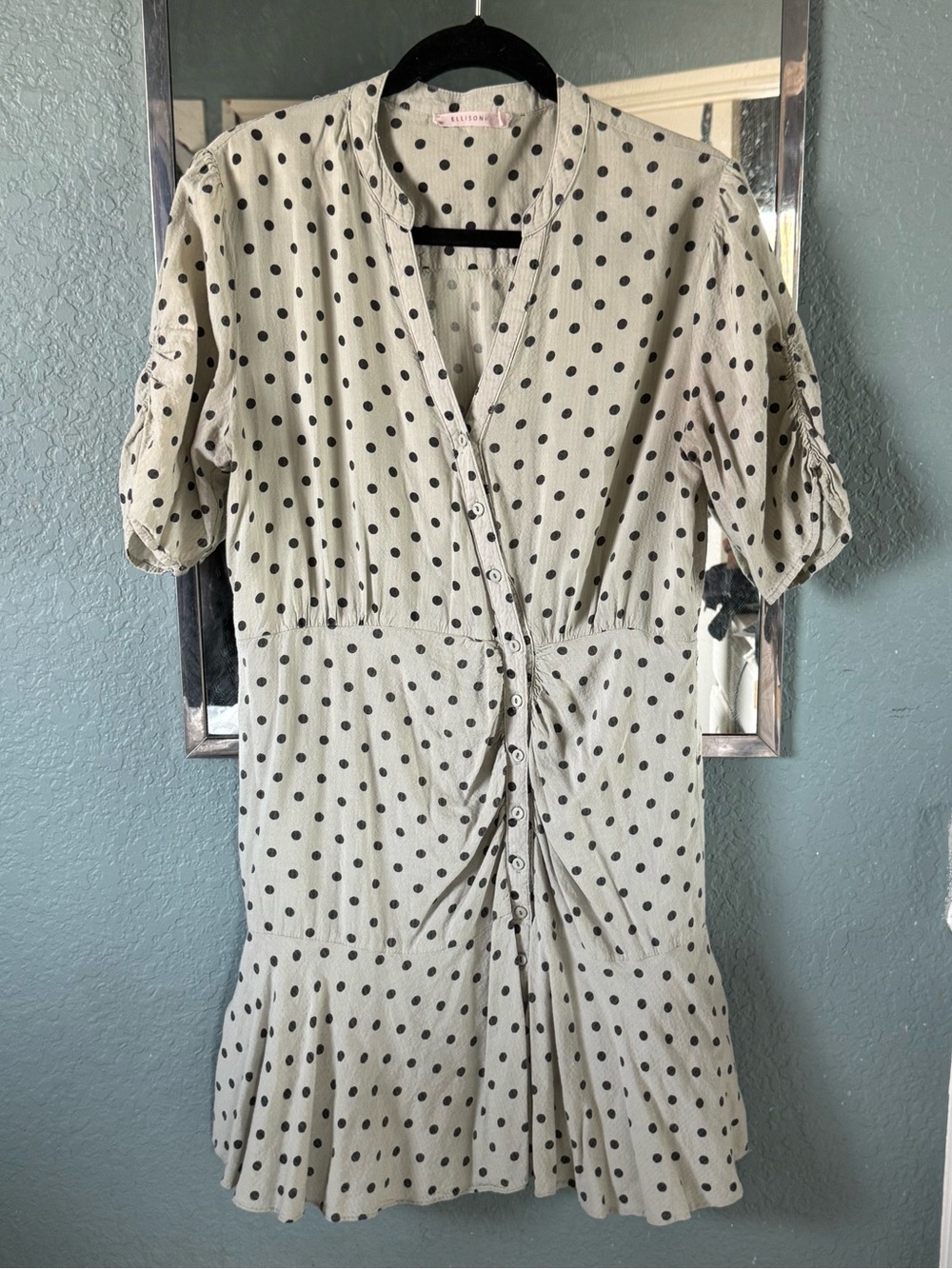 Ellison 100% Cotton Asymmetrical Button Mint & Black Polka Dot Dress Size M